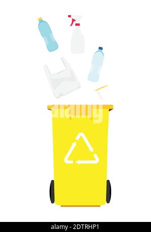 Gelbe Dose mit sortiertem Plastikmüll-Vektor-Symbol. Recycling Mülltrennung und Recycling isoliert auf weißem Hintergrund. Recyclingkonzept Stock Vektor