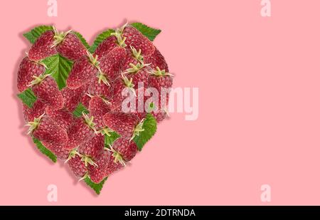 Herz aus Beeren und Blättern von Himbeeren auf einem rosa Hintergrund mit Platz für Text. Postkarte, Banner. Stockfoto