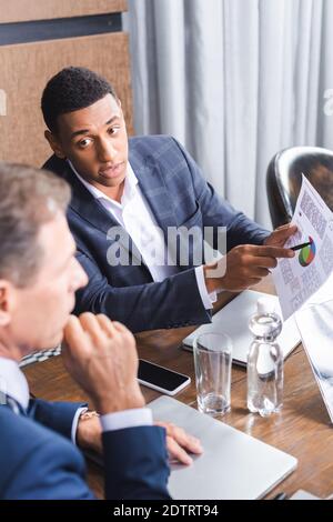afroamerikanischer Geschäftsmann zeigt mit Stift auf Grafik auf Papier Beim Blick auf verschwommenes Führungsdenken im Vordergrund Stockfoto