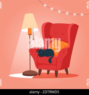 Gemütlicher Sessel mit Katzenschlaf. Niedliche Vektorgrafik Stock Vektor