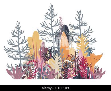 Niedliche lächelnde roten Fuchs zu Fuß in Wäldern, Vektor-Illustration. Kinder Illustration, Wildtier Zeichnung, handgezeichnete Herbst Hintergrund mit lebendigen Farben Stock Vektor