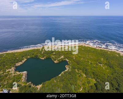 Heilbutt Point State Park und körnige Steinbruch Luftaufnahme und die Küste Luftaufnahme in der Stadt Rockport, Massachusetts MA, USA. Stockfoto