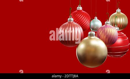 Weihnachtskomposition mit realistischen Weihnachtskugeln. Weihnachten Glaskugel auf Red Holiday's Hintergrund. Vorlage für Weihnachtsdekoration. 3d-Rendering Stockfoto