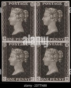 Ein Block von vier Penny Black Briefmarken. Die Penny Black war die erste selbstklebende Briefmarke der Welt. Die Briefmarke mit einem Porträt von Königin Victoria wurde am 1. Mai 1840 herausgegeben. Stockfoto