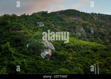 Schönes Abendfoto von Cam Ranh Felder bei Sonnenuntergang mit Bergen im Hintergrund, Vietnam. Provinz Khanh Hoa. Stockfoto