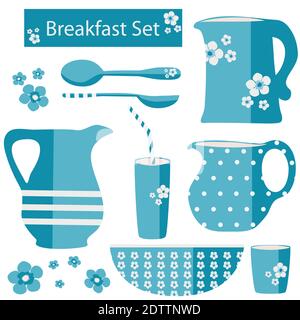 Vector Frühstück Utensil Set. Blau-weiße Retro-Kannen im Landhausstil, Schüsseln, Löffeln, Gläser mit floralen, Streifen- und Punktornamenten. Von Hand gezeichnet Stock Vektor