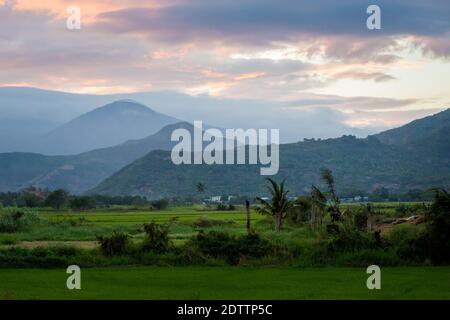 Schönes Abendfoto von Cam Ranh Felder bei Sonnenuntergang mit Bergen im Hintergrund, Vietnam. Provinz Khanh Hoa. Stockfoto