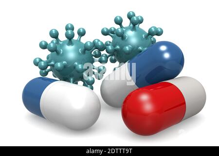 Eine 3d-Darstellung von blauen, weißen und roten Kapseln und Viruszellen Stockfoto