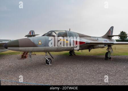 An RAF Hawker Hunter T.7 (XL605/XX467), Newark Air Museum, in der Nähe von Newark-on-Trent, Nottinghamshire, Großbritannien. Stockfoto
