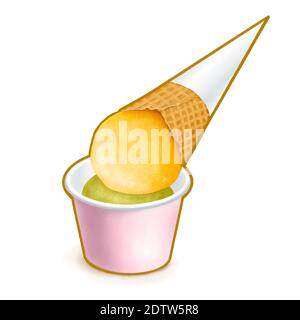 Die digitale Malerei von köstlichen grünen Tee Eis Schaufel in Papierbecher mit Mango-Eis Wafer Kegel Belag, gefrorene Dessert Lebensmittel isometrische Symbol r Stockfoto