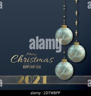 Neujahr 2021 Weihnachtskarte mit hängenden türkis blauen Weihnachtskugeln Kugeln mit Gold orientalischen Ornament, goldene Ziffer 2021 auf blauschwarzem Hintergrund. 3D-Rendering. Für Text platzieren Stockfoto