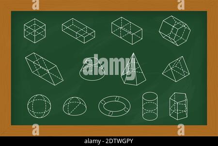 Grüne Schultafel mit isometrischen Grundfiguren isoliert auf weißem Hintergrund. Schwarzes Brett für Klassenzimmer. Vektorkonzept für Geometrieunterricht Stock Vektor