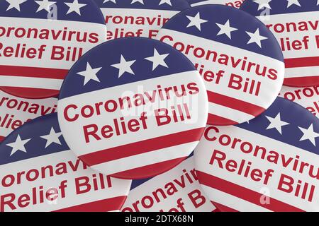 USA Politics Abzeichen: Haufen Coronavirus Relief Bill Buttons mit US Flagge, 3d Illustration Stockfoto