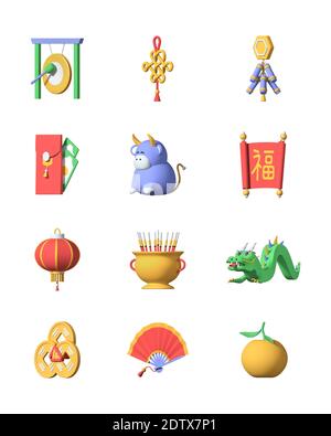 Chinese New Year - Set von bunten 3d-Symbole. Feiertagssymbole, Kultur und nationale Traditionen Idee. Laterne, Drache, Feuerwerkskörper, Knoten, feng Shui Coi Stockfoto