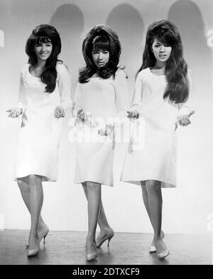 DAS RONETTES Werbefoto der amerikanischen Gesangsgruppe im Jahr 1966. Von links: Nedra Talley, Ronnie Spector, Estelle Bennett Stockfoto