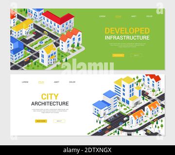 Entwickelte Infrastruktur - Satz von modernen bunten isometrischen Web-Banner mit Platz für Text kopieren. Landschaften mit Museum, Polizei, Apartment Stock Vektor