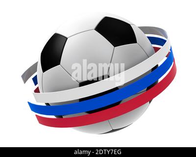 Fußball mit Streifen in Form von russischen Flagge isoliert auf weißem Hintergrund, stellt WM 2018 - Russland Fußballmeisterschaft, dreidimensional Stockfoto