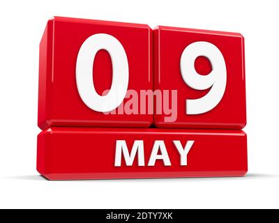 Rote Würfel - die 9. Mai - auf einem weißen Tisch - Europa-Tag und Tag des Sieges, dreidimensionale Darstellung, 3D-Illustration Stockfoto