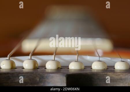 Detail einer Gitarrenbrücke mit sechs Pins und Saiten Stockfoto