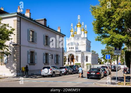 Die russische Kirche von Genf, benannt Kathedrale der Erhöhung des Heiligen Kreuzes. Stockfoto