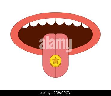 Zunge mit Drogen Ecstasy Pille Vektor-Illustration in Cartoon-Stil. MDMA auf der Zunge mit gelbem Sternsymbol. Isoliert auf weißem Hintergrund Stock Vektor