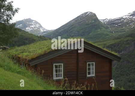 Typisches altes Holzhaus mit Grasdach in den Fjorden von Geiranger in Norwegen. Stockfoto