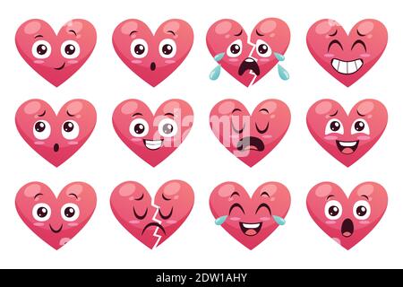 Sammlung von lustigen Herz Emoticons isoliert auf weißem Hintergrund. Cartoon-Stil. EPS 10 Vektorgrafik. Stock Vektor