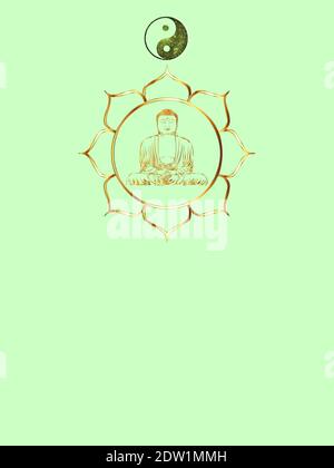 Spiritueller Hintergrund für Meditation mit buddha-Statue und Yin Yang Symbol in farbigem Hintergrund isoliert Stockfoto