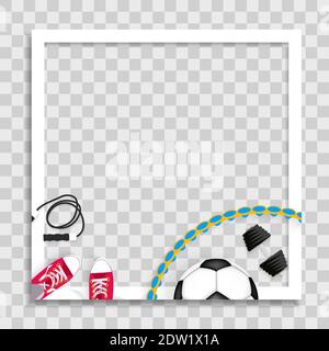 Leere Fotorahmen-Vorlage mit Sportartikeln für Medienpost im sozialen Netzwerk. Vektorgrafik Stock Vektor