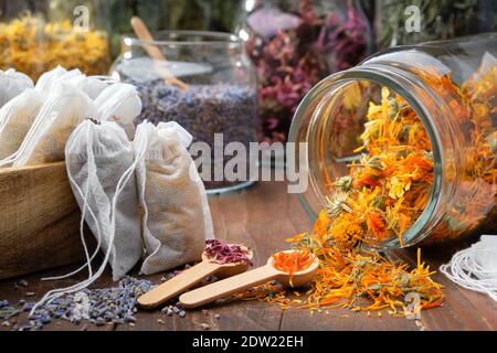 Filter Teebeutel mit Heilkräutern gefüllt. Glas mit trockenen Ringelblumen für die Herstellung von Kräutertee, Gläser mit verschiedenen gesunden Kräutern auf dem Tisch. Alternative Stockfoto