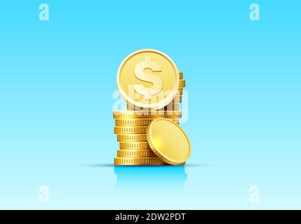 Stapel von steigenden Münzen Goldmünzen auf blauem Hintergrund. Vektorgrafik Stock Vektor
