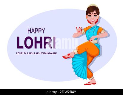 Happy Lohri Grußkarte mit schönen indischen Mädchen. Traditionelles Festival in Punjabi. Vektorgrafik für Aktien Stock Vektor