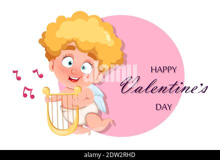 Alles gute zum Valentinstag. Grußkarte mit niedlichen lustigen Amor Engel spielen auf Harfe. Amur Baby Zeichentrickfigur. Vektorgrafik für Aktien Stock Vektor