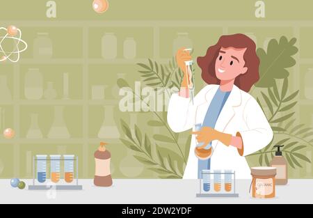 Apotheker oder Wissenschaftler erfindet natürliche organische Formel der Kosmetik Vektor flache Illustration. Junge Frau im Labormantel hält Spritze mit natürlichen Kräuterserum. Bio-Kosmetik aus dem Labor. Stock Vektor