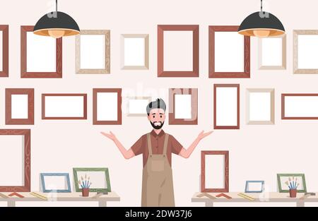 Junger lächelnder Mann in Schürze verkauft Rahmen für Gemälde Vektor flache Illustration. Kunstgeschäft, Kreativstudio, oder Zeichnungsrahmen Shop Innenarchitektur mit Bürsten. Kreatives Hobby-Konzept. Stock Vektor