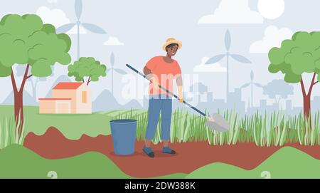 Glücklich lächelnder Mann in gelben Hut hält Schaufel und Graben in Garten Vektor flache Illustration. Gartenarbeit, Gartenarbeit und Landwirtschaft Gärtner Hobby-Konzept. Sommerlandschaft. Stock Vektor