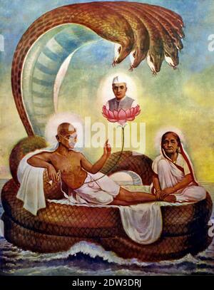 Gandhi als Vishnu auf der Schlange Ananta in Darstellungen von Vishnu wächst aus seinem Nabel ein Lotus, auf dem Brahma sitzt und die Schöpfung symbolisiert. Indien, Inder, ( Mahatma Gandhi (1869-1948, Mohandas Karamchand Gandhi) Freiheitskämpfer und Verfechter gewaltfreier Kampagnen. Land. ) Stockfoto