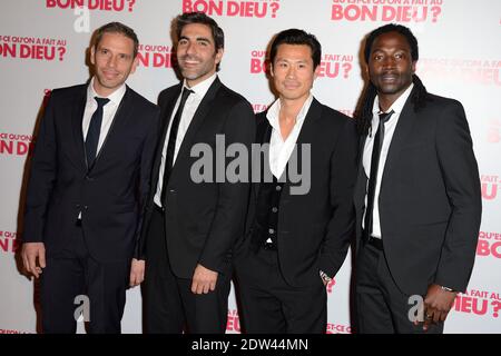 Medi Sadoun, Ary Abittan, Frederic Chau und Noom Diawara nehmen an der Premiere von 'Qu'est-ce qu'on a fait au Bon Dieu' Teil, die am 10. April 2014 im Le Grand Rex in Paris, Frankreich, stattfand. Foto von Nicolas Briquet/ABACAPRESS.COM Stockfoto