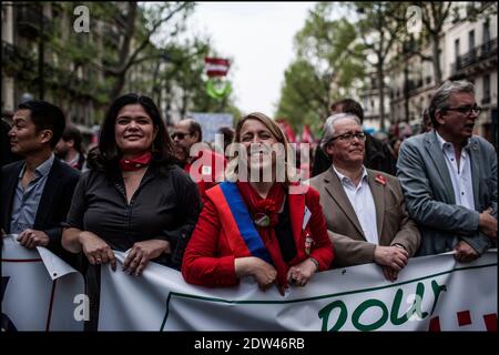 Rachel Garrido, Danielle Simonet, Christian Picquet und Pierre Laurent nehmen am 12. April 2014 an einer Demonstration gegen die Sparpolitik in Paris Teil. Der protestmarsch gegen die Sparmaßnahmen der Regierung, der von der Partei PG und der Partei der französischen extremen Linken NPA (Nouveau Partiti Anticapitaliste) initiiert wurde, versammelte Gewerkschaftsvertreter, Verbände, Akteure des Kultursektors und linke gewählte Vertreter, wie Griechenlands Syriza-Hauptoppositioneller (radikal-linker) Parteichef Alexis Tsipras , Einer der wichtigsten Kandidaten für den Vorsitz des Europäischen Parlaments nahm an der Teil Stockfoto