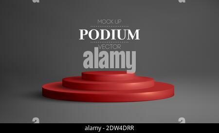 Rotes Podium im schwarzen Raum. Realistischer 3d-Vektor mit runder Bühne. Preisgekrönt Plattform Studio. Stock Vektor