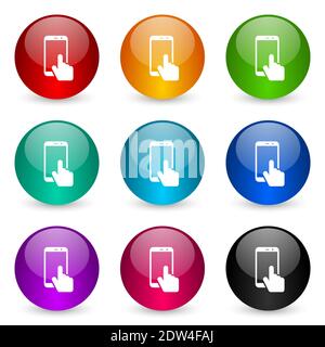 Smartphone, Handy-Vektor-Symbole, Satz von bunten glänzenden 3d-Rendering-Ball-Tasten in 9 Farboptionen Stock Vektor