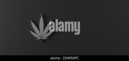 Weißes Cannabisblatt auf schwarzem Betonhintergrund 3d Rendering 3d Abbildung Stockfoto