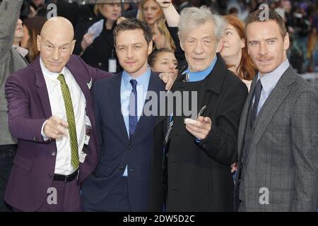 Sir Ian McKellen, Patrick Stewart, James McAvoy und Michael Fassbender nehmen am 12. Mai 2014 an der UK-Premiere von "X-Men: Days of Future Past" am Odeon Leicester Square in London Teil. Foto von Cyril Villemain/ABACAPRESS.COM Stockfoto