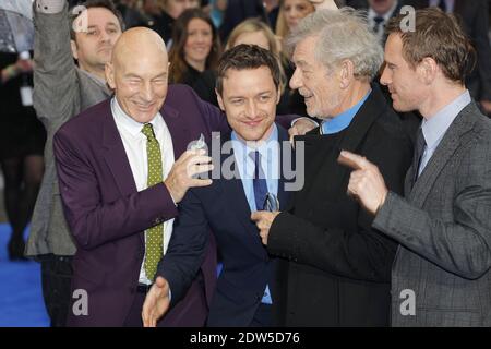 Sir Ian McKellen, Patrick Stewart, James McAvoy und Michael Fassbender nehmen am 12. Mai 2014 an der UK-Premiere von "X-Men: Days of Future Past" am Odeon Leicester Square in London Teil. Foto von Cyril Villemain/ABACAPRESS.COM Stockfoto