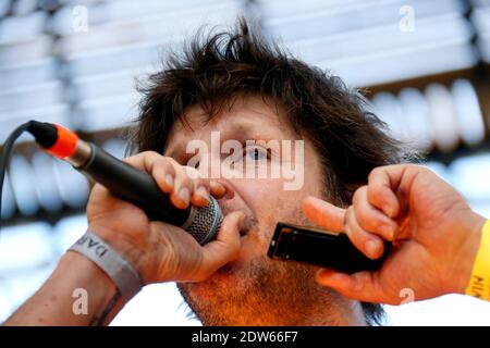 Noir Desir Ex-Frontmann Bertrand Cantat tritt mit seiner Band Detroit bei einem Konzert Eurock Ecologie zur Unterstützung der Ecologist Party Europe Ecologie-Les Verts in Bordeaux, Westfrankreich, am 17. Mai 2014 auf. Foto von Patrick Bernard/ABACAPRESS.COM Stockfoto