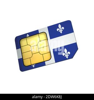 3D-Handy sim-Karte Chip mit Flagge von Quebec isoliert auf einem weißen Hintergrund. 3d-Rendering Stockfoto