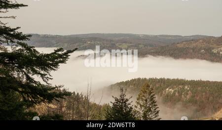 Blick vom Wanderweg nach Chasseral in ein Tal gefüllt Mit Nebel Stockfoto