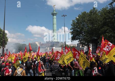 Am 22. Mai 2014 demonstrieren CGT-Gewerkschafter der französischen Staatsbahn SNCF auf dem Place de la Bastille in Paris. Foto von Audrey Poree/ ABACAPRESS.COM Stockfoto