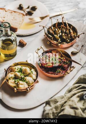 Verschiedene mediterrane vegetarische Meze in Kupfer-Gerichte, Olivenöl und frisches Brot auf Marmor-Tisch Hintergrund, selektive Fokus. Ägäische Küche concep Stockfoto