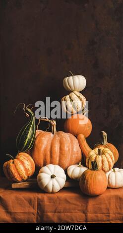 Kürbisse für Halloween oder Thanksgiving Tag Herbstferien Dekoration. Bunte Kürbisse in verschiedenen Formen und Größen in Pyramidenkomposition, dunkler Rost Stockfoto